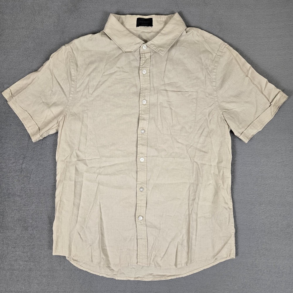 Magaschoni Man Shirt Mens Medium Beige Linen Collared‎ Short Sleeve Button Front